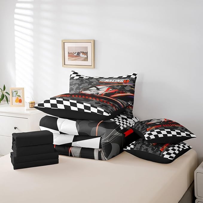 Feelyou Red Racing Car 7 Piece Bedding Set King Size Kids Boys Speed Race Car Comforter Set with Sheets for Teens Toddler Extreme Sports Bed in a Bag Camouflage Bed Set