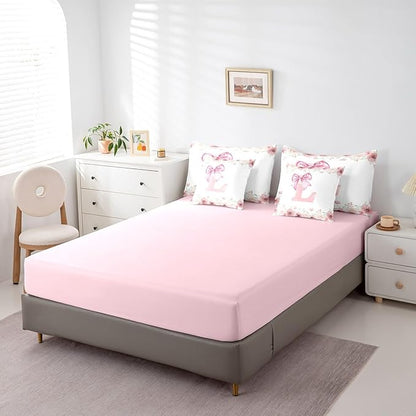 Pink Monogram L Bedding Sets, Cute Bow Tie Bowknot Bed in A Bag Queen Size for Girls Kids Teens Bedroom Decor Floral Rose Fresh Style Comforter Set with Sheets, 2 Pillowcases, 2 Throw Pillow Covers