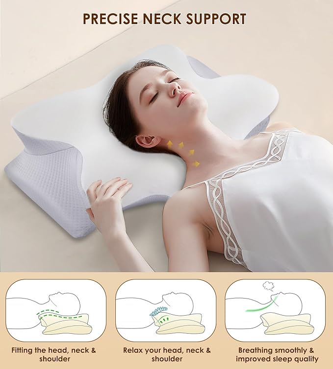 Cervical Pillow for Neck Pain Relief - Cooling Memory Foam Neck Pillows for Sleeping, Ergonomic Neck Support Pillow for Side Back Stomach Sleeper with Washable Pillowcase & 2 Different Heights