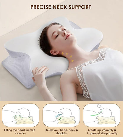 Cervical Pillow for Neck Pain Relief - Cooling Memory Foam Neck Pillows for Sleeping, Ergonomic Neck Support Pillow for Side Back Stomach Sleeper with Washable Pillowcase & 2 Different Heights