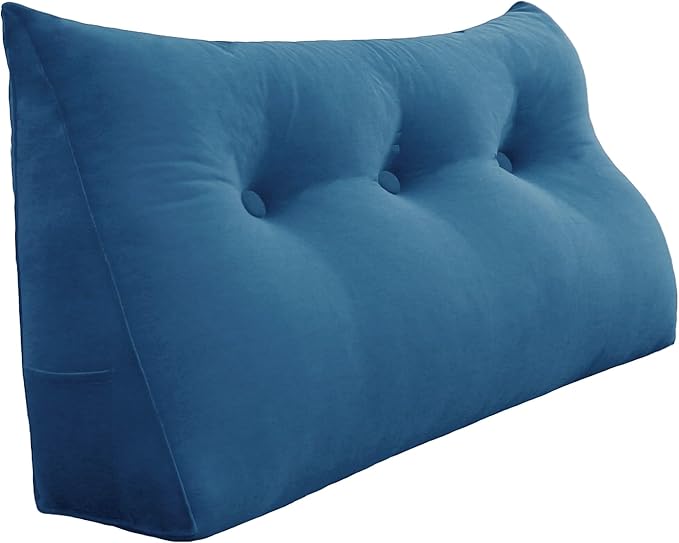 8 lbs Thickened Twin Wedge Pillow Headboard College Dorm Bed Velvet Wedge Pillow Backrest Triangular Headboard Pillows with Side Pocket, Dorm Bedding Essentials for Girls & Boys, Blue