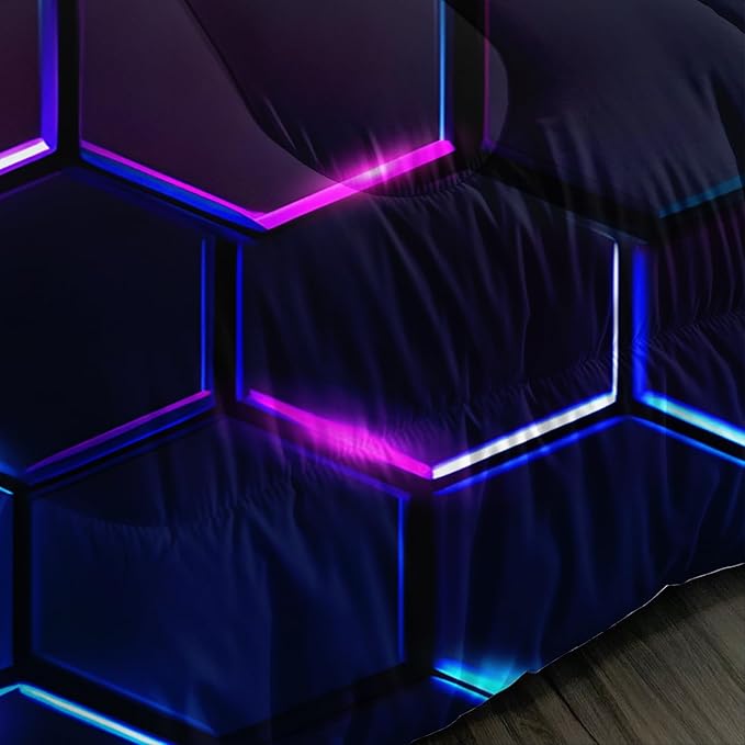 Hexagon Geometric Comforter Honeycomb Bedding Sets,Gradient Neon Gamer Comforter Sets for Boys Kids Teens Room Decor,Twin Size Bedding Comforter Sets with 2 Pillowcases.
