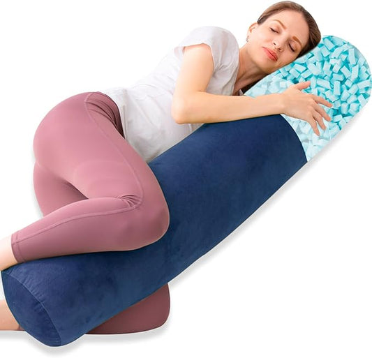 Body Pillow, Memory Foam Round Body Pillows for Adults, Firm Long Bolster Pillow for Bed, Cylinder Tube Roll Pillow with Velvet Cover, 47x7.87 Inches, Navy Blue