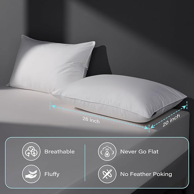 Feather Down Pillow Standard Size Set of 2 Pack, 100% Cotton Hotel Collection Bed Pillows for Sleeping, Down Surrounded Soft Medium Firm Pillows for Side Back Stomach Sleepers 20" x 26"