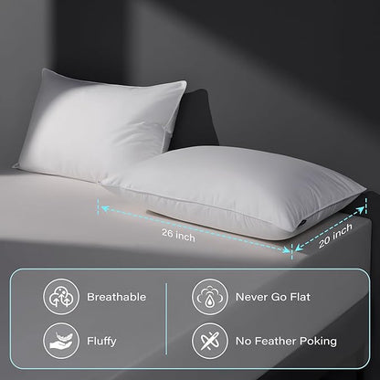 Feather Down Pillow Standard Size Set of 2 Pack, 100% Cotton Hotel Collection Bed Pillows for Sleeping, Down Surrounded Soft Medium Firm Pillows for Side Back Stomach Sleepers 20" x 26"