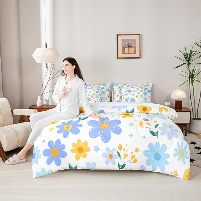 Feelyou Cute Flower 7 Piece Bedding Set Queen Size Kids Cartoon Cute Floral Bed in a Bag for Girls Teens Blue Yellow Comforter Set with Sheets Kawaii Bed Set