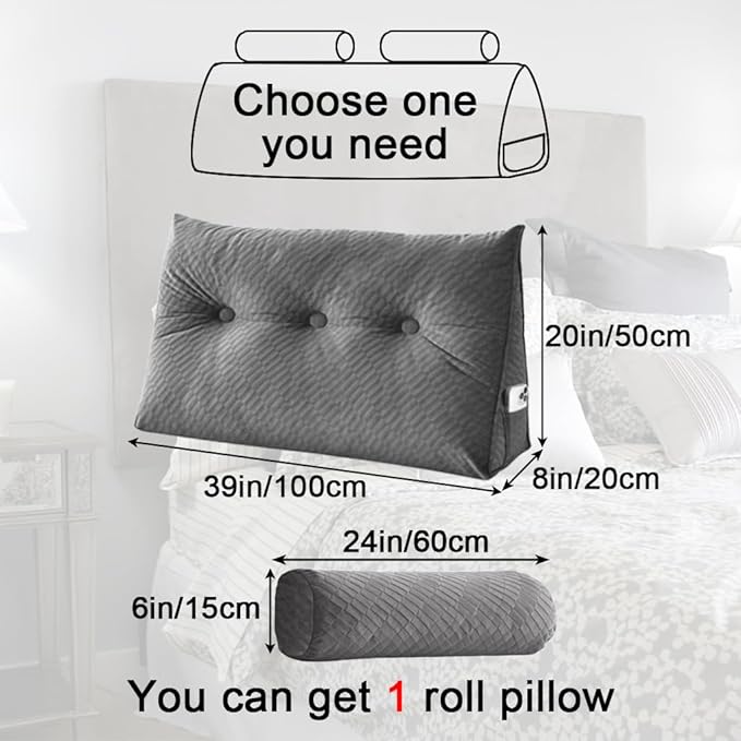 Velvet Triangular Headboard Wedge Pillow With Roll Pillow,Removable Cover Headboard Pillow Daybed Bunk Bed,Backrest Positioning Support Pillow Resting Reading Relaxing (Grey, Twin(39 * 20 * 8in))