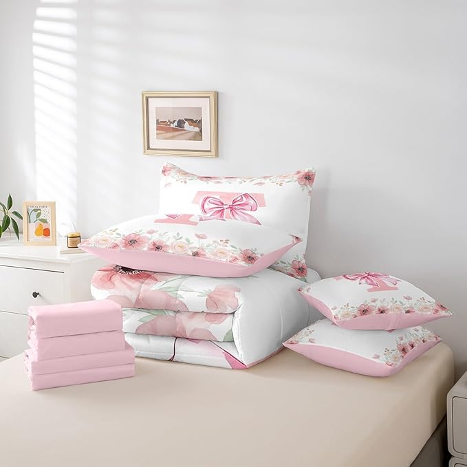Erosebridal Flower Monogram T Bedding Sets Queen, Kawaii Pink Bow Tie Bowknot Bed in A Bag for Teens, Dreamy Princess Style Bed Set Bedroom Decor Spring Light Pink White Comforter Set with Sheets