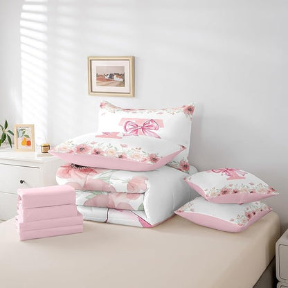 Erosebridal Flower Monogram T Bedding Sets Queen, Kawaii Pink Bow Tie Bowknot Bed in A Bag for Teens, Dreamy Princess Style Bed Set Bedroom Decor Spring Light Pink White Comforter Set with Sheets