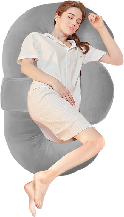 Pregnancy Pillows for Sleeping, E Shaped Maternity Pillow for Pregnant Women with Adjustable Wedge Pillow, 48 Inch Full Body Memory Foam Pillow for Side Sleeping with Washable Cover, Grey Velvet
