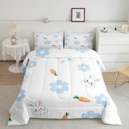Cartoon Rabbit Kids Comforter Set Full Size 3 Pcs Blue 70s Groovy Hippie Daisy Bedding Set for Kids Boys Girls Teens Orange Carrot Cute Wild Animals Microfiber Duvet Set with 2 Pillowcases