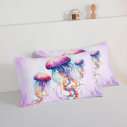 HOSIMA Pink Jellyfish Comforter Set King Size for Adults Kids,Marine Life Theme Bedding Set,The Underwater World Watercolor Tie Dye Bedding Room Decor for Girls with 2 Pillowcases.