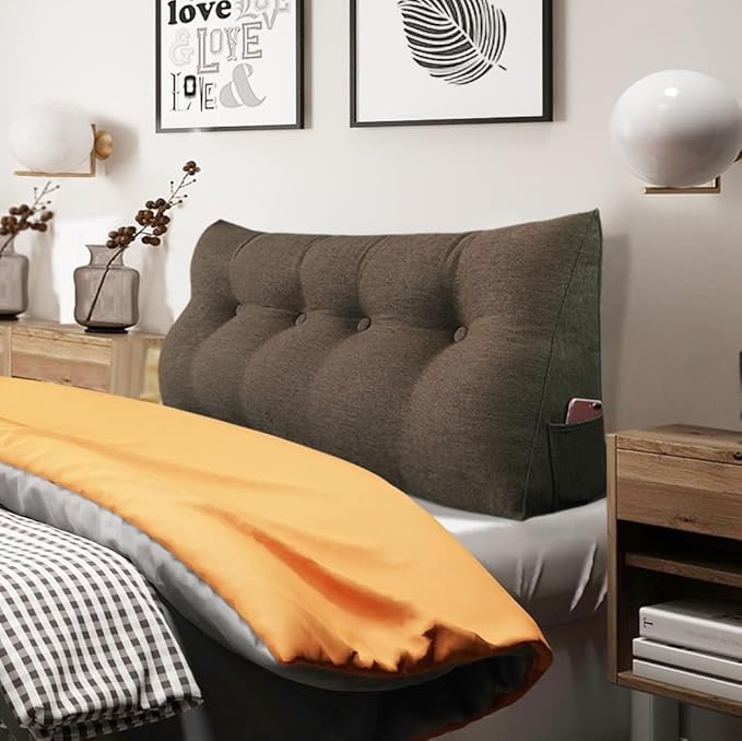 Wedge Headboard Pillow Dorm Room Reading Pillow Back Support for Sitting Up in Bed Bolster Lumbar Cushion Body Positioning Bedrest Cotton Linen 54in Coffee Full