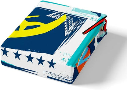 Surfing Sports Bedding Set Queen Size,Colorful Surf Themed Graffiti Painting Duvet Cover Set for Children Adult,Surfboard Fish Stars Plaid Soft Comforter Cover for Dorm Room, Zipper, Ties
