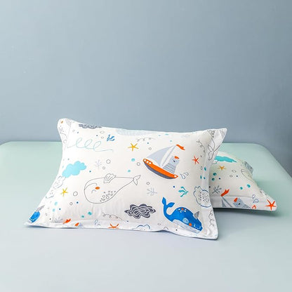 Simple&Opulence 100% Organic Cotton Duvet Cover for Kids Teens, 4 Pieces Soft Comforter Cover with Zipper Closure Cool Boy Girl Sea Sailboat Ocean Bedding Set - Whale, Full/Queen