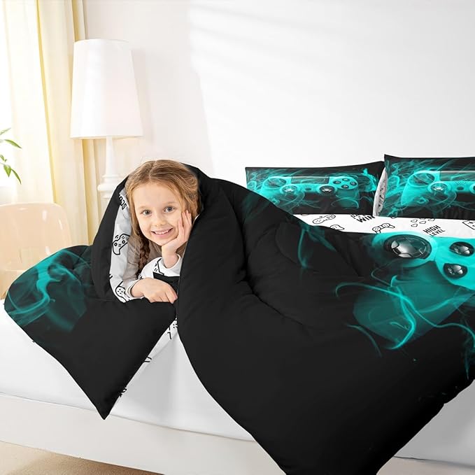 Feelyou Kids Gamer Comforter Set Toddler Size Teens Gamepad Bedroom Decor for Boys Girls Video Game Controller Bedding Set Youth Gaming Console Comforter Blue Black with 1 Pillow Case