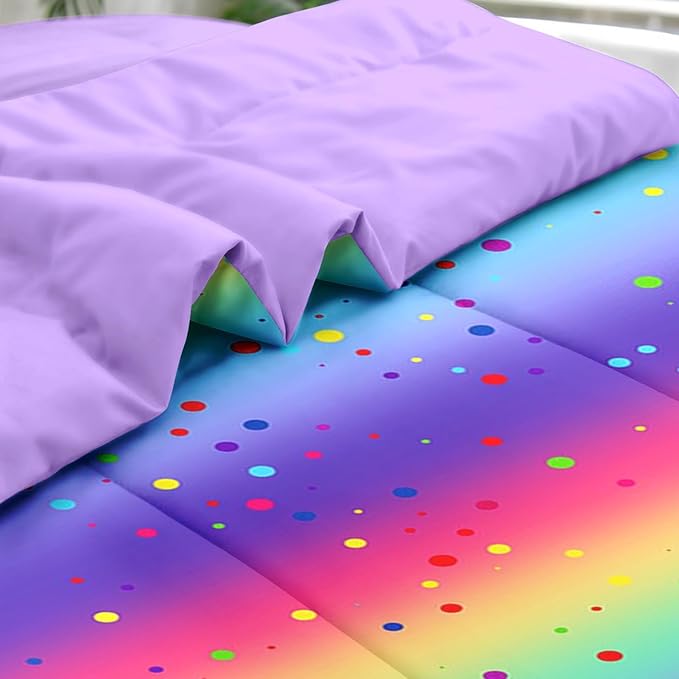 Comforter Set Queen Size, Cute Rainbow Polka Dot 7 Pcs Bedding for Kids and Adults, Colorful Glitter Bed Sheet Sets with Fitted Sheet 2 Pillowcases & 2 Shams for Bedroom Bed Decor
