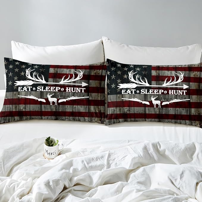 Eat Sleep Hunt Comforter Cover,Deer Antler and Arrow Print Duvet Cover for Girls Teens Bedroom Gift,Retro Stars Stripes American Flag Comforter Cover Decorative with 2 Pillowcases, Full Size