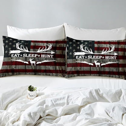 Eat Sleep Hunt Duvet Cover Set King Size,Deer Antler and Arrow Print Comforter Cover with 2 Pillowcases,3 Piece,Retro Stars Stripes American Flag Bedding Set for Adult Young Bedroom Xmas Gift