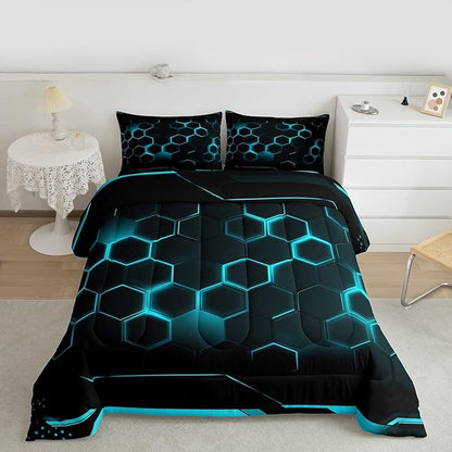 Geometric Honeycomb Hexagon Comforter Set Queen Size Neon Black Blue Bedding Set for Kids Boys Teens Room Decor Video Games Quilted Duvet Modern Fashion Duvet Insert 3pcs with 2 Pillowcases