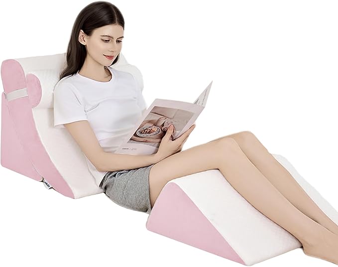 4PCS Orthopedic Bed Wedge Pillow Set for Post Surgery & Pain Relief, Adjustable Wedge Pillow for Back, Acid Reflux,Sitting up in Bed,Recovery, Snoring, Body Pillow for Sleeping (White/Pink)