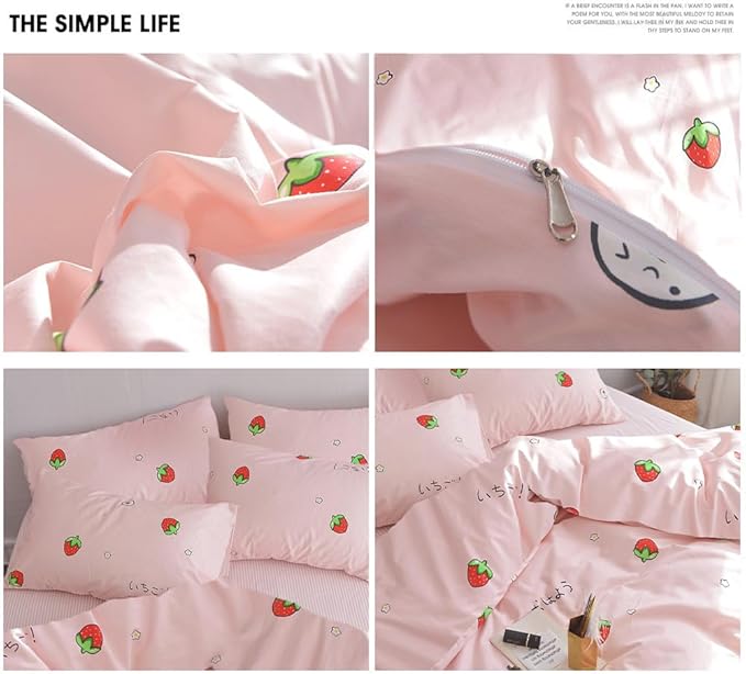 AOJIM Pink Kids Duvet Cover Set Cute Style, Pure Cotton Anime Bedding Comforter Cover Set 3pcs with Zipper Closure, 1 Super Soft Strawberry Duvet Cover and 2 Pillowcases for Room Decor, Twin XL Size