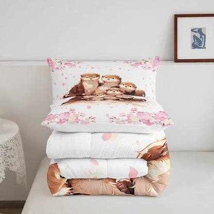 Cute Otter Family Comforter Set Watercolor Pink Cherry Blossom Decor Bedding Set for Kids Girls Teens Lovely Cartoon Wild Animals Spring Microfiber Duvet Set with 1 Pillowcase Twin Size 2 Pcs