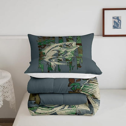 Feelyou Bass Fish Comforter Set Full Size Green Camouflage Bedding Set for Fishing Lover Gifts Boys Girls Camo Pike Fish Fishing Comforter Wild Fisherman Bed Set Rustic Cabin Bedroom Decor
