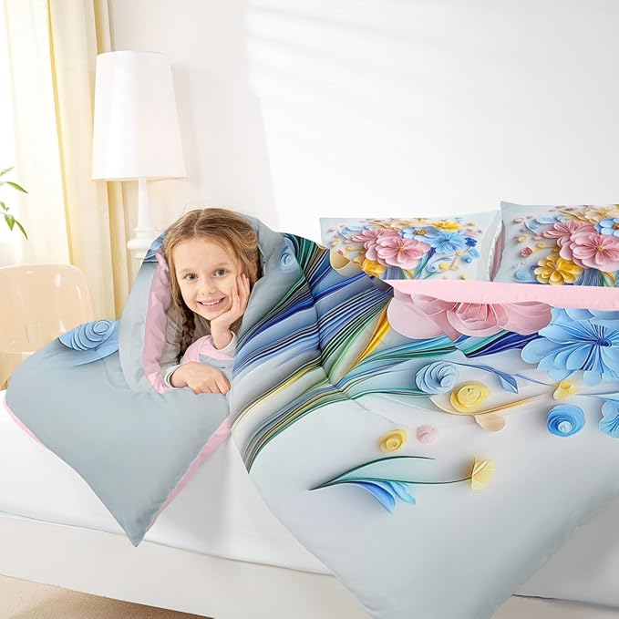 Erosebridal Vintage Floral Twin Comforter Set,Pink and Blue Flower Bedding Sets for Girls Kids Teen,Boho Flowers Wildflower Bed Set,Country Cottage Core Room Decor with 1 Pillowcase,Ultra Soft