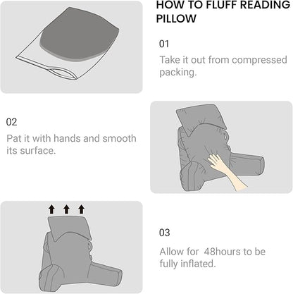 Portable Reading Pillows with Headrest for Bed Sitting Up(Black Oeko-Tex), Velvet Back Pillow with Arms & Pockets for Adults, Support Memory Foam Bed Pillow for Dorm/Reading/Watching/Gaming