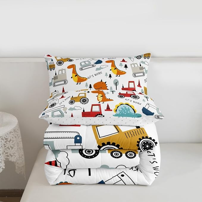 Feelyou Construction Comforter Set Kids Cartoon Dinosaur Comforter Cover Set for Boys Equipment Trucks Bedding Set Construction Vehicles Kawaii Jungle Dino Duvet Set Room Decor Twin With 1 Pillow Case