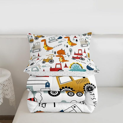 Feelyou Construction Comforter Set Kids Cartoon Dinosaur Comforter Cover Set for Boys Equipment Trucks Bedding Set Construction Vehicles Kawaii Jungle Dino Duvet Set Room Decor Twin With 1 Pillow Case