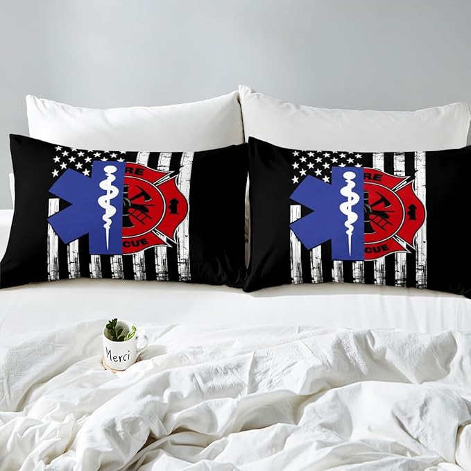 Firefighter EMT Badge Duvet Cover Set Twin Size,Practitioner Fireman Themed Comforter Cover for Kids Boys Bedroom Xmas Gift,Stars Stripes American Flag Bedding Set with 1 Pillowcase Bedspread, Soft