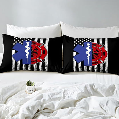 Firefighter EMT Badge Duvet Cover Set King Size,Practitioner Fireman Themed Comforter Cover with 2 Pillowcases,Stars Stripes American Flag Modern Bedding Set for Adult Young Bedroom Xmas Gift
