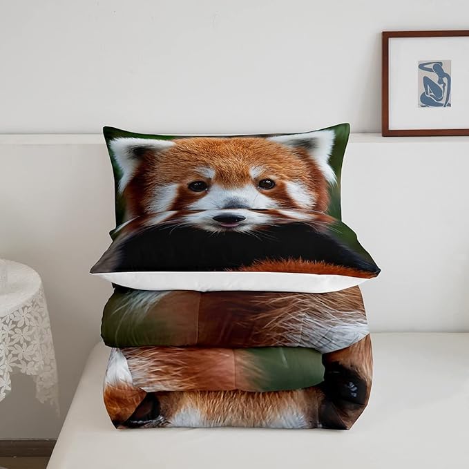 Feelyou Red Panda Comforter Bed Set Cute Panda Bedding Set for Kids Boys Girls Wild Animal Decor Comforter Set Jungle Wildlife Style Quilt Set Bedroom Collection 3Pcs Queen Size