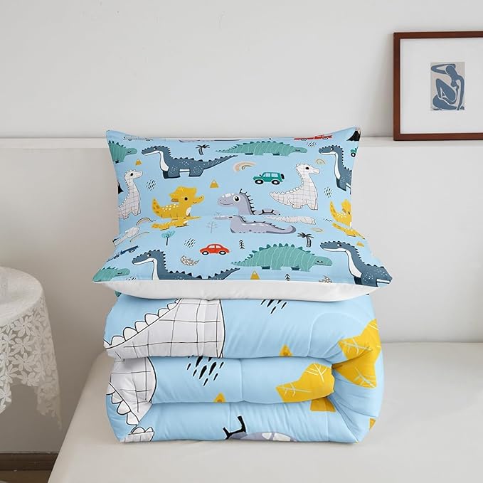 Castle Fairy Cute Car Kids Comforter Set Queen Size,Kawaii Dino Colorful Wild Animal Bedding Set for Women Adult,Cartoon Dinosaur Rainbow Sketch Blue Luxury Bed Duvet Insert, 2 Pillowcases
