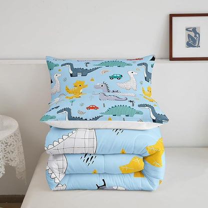 Castle Fairy Cute Car Kids Comforter Set Queen Size,Kawaii Dino Colorful Wild Animal Bedding Set for Women Adult,Cartoon Dinosaur Rainbow Sketch Blue Luxury Bed Duvet Insert, 2 Pillowcases