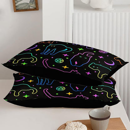 Black Cat Bedding Cartoon Cat Comforter Set Full,Moon Stars Printed Kids Bedding Set for Boys Girls Adults Room Decor,Kids Comforter Set All Season,1 Quilt 2 Pillow Cases,Neon Color Blue Green