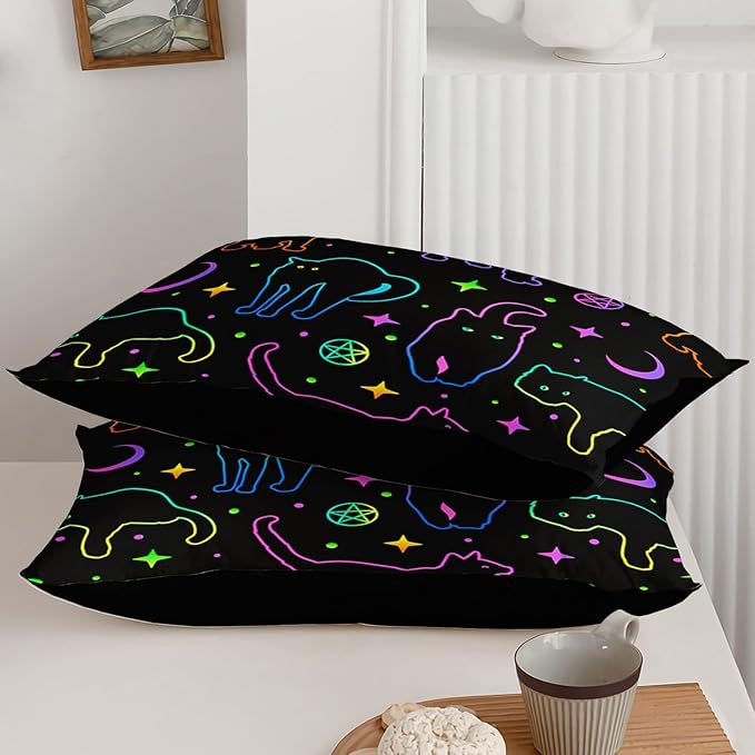 Black Cat Bedding Cartoon Cat Comforter Set Queen,Moon Stars Printed Kids Bedding Set for Boys Girls Adults Room Decor,Kids Comforter Set All Season,1 Quilt 2 Pillow Cases,Neon Color Blue Green