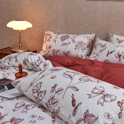 Floral Duvet Cover Queen Size Bow Red Flower Bedding Set 3 Pieces Girls Women Men Botanical Vintage Floral Duvet Cover with 2 Pillowcases