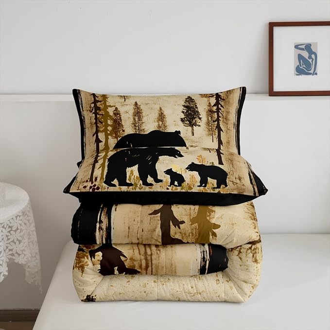 Feelyou Bear Bedding Set for Kids Toddler Full Size Black Bears Comforter Set Boys Girls Cabin Rustic Farmhouse Bedding Set Wildlife Duvet Set 3Pcs