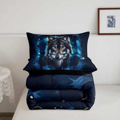 Feelyou Wolf Comforter Set Full Animal Wolves Comforter for Boys Girls Teens Mountain Moon Wolf Bedding Set Breathable Blue Duvet Set Room Decor Quilt Set