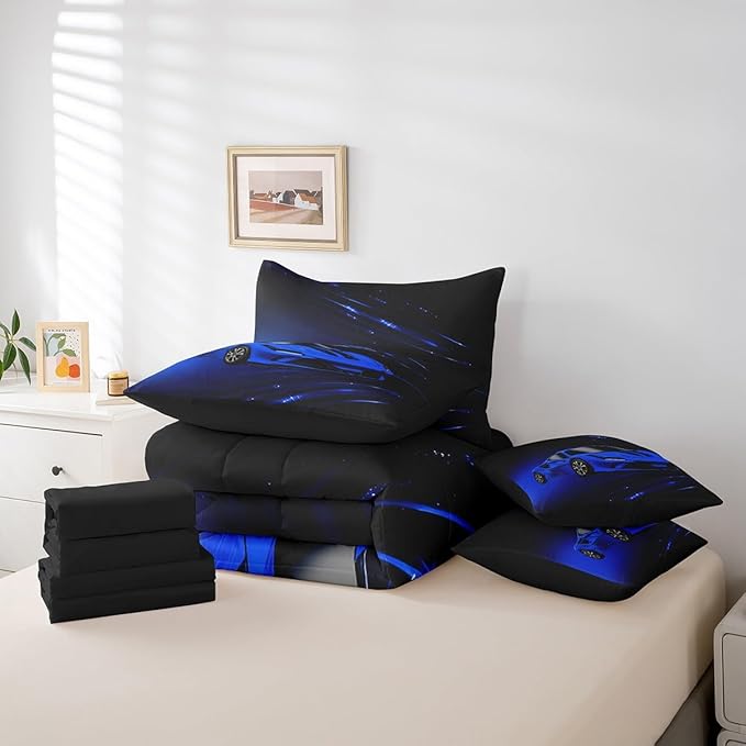 Feelyou Boys Blue Race Car 7 Piece Bedding Set Full Size Speed Sports Car Comforter Set with Sheets for Kids Teens Adult Fast and Furious Bed in a Bag Blue Ombre Bed Set