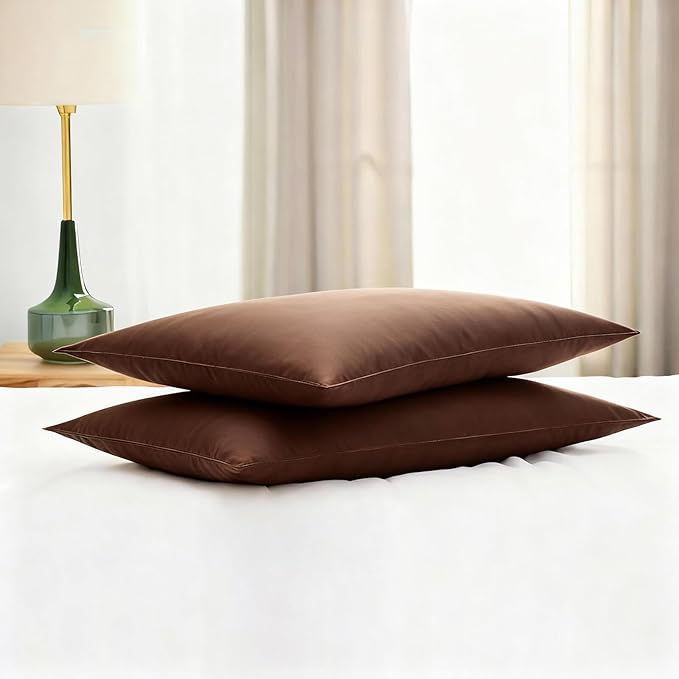Flat Ultra Thin Bed Pillows Standard Size Pillow Set of 2 Extra Soft Down Alternative for Stomach Side Back Sleeper Coffee Brown 20x26inches