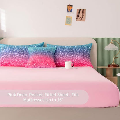 RYNGHIPY 6Pcs Gradient Glitter Bedding Set for Girls Twin Size, Colorful Rainbow All-Season Comforter Set, Ultra Soft Bedding Collections