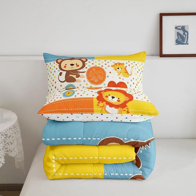 Lion Tiger Monkey Bedding Set Twin Size Cartoon Wild Animal Comforter Set for Kids Teens Room Decor Colorful Polka Dots Duvet Insert Cute Wildlife Theme Down Comforter Set,2Pcs