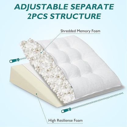 TANYOO Bed Wedge Pillow for Sleep Apnea 7.5Inch Gerd Pillow Patent Dual Layer Triangle Pillow Adjustable Shredded Memory Foam Topper Soft Support Ideal for Acid Reflux, After Surgery, Snoring