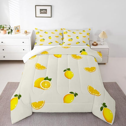 Lemon Bedding Yellow Fruit Print King Comforter Set Summer Cool Cartoon Lemon Comforter Set for Girls Women,Soft,Breathable,Fade Resistant 3 Pieces- Includes 1 Comforter and 2 Pillowcase，Yellow