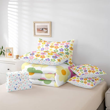 Feelyou Cute Flower 7 Piece Bedding Set Colorful Floral Comforter Set with Sheets for Kids Boys Girls Kawaii Theme Bed in a Bag White Bed Set Soft Lightweight
