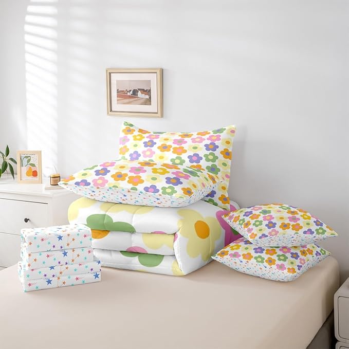 Feelyou Cute Flower 7 Piece Bedding Set Colorful Floral Comforter Set with Sheets for Kids Boys Girls Kawaii Theme Bed in a Bag White Bed Set Soft Lightweight